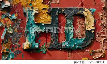 Peeling paint on a surface with letter HD. Peeling paint on a surface with letter HD. 128780981