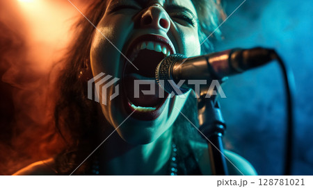 Female singer performing passionately on stage. 128781021