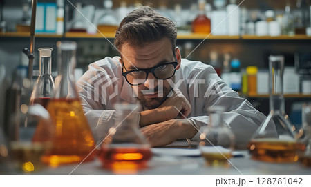 Pensive scientist amid lab flasks. 128781042