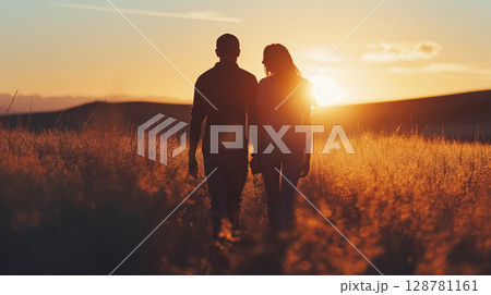 Couple holding hands in a field at sunset. 128781161