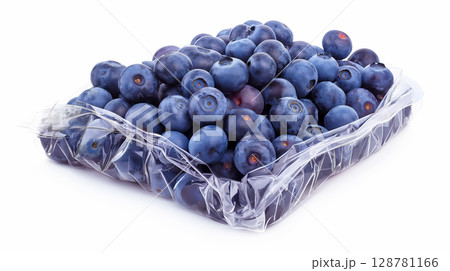Pack of fresh blueberries in plastic container. 128781166