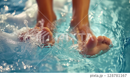 Feet wading in clear, shimmering pool water. 128781167