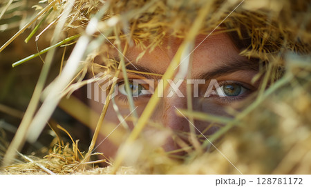 Mysterious eyes peeking through golden straw. 128781172