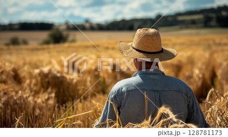 Farmer gazing over a golden wheat field. 128781173