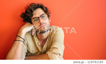Man leans on orange wall, thoughtful. Man leans on orange wall, thoughtful. 128781185