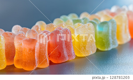 Colorful jelly candies shaped like teeth lineup. 128781203