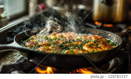 Sizzling pan with food cooking on flame. 128781337