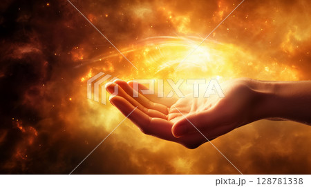 Hand reaching out with cosmic energy burst. 128781338