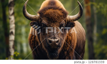 Intense bison staring in the wild forest. 128781339