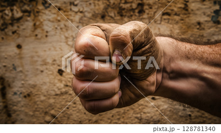Grubby fist clenched in determination. 128781340