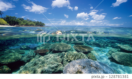Underwater view of a vibrant coral reef. 128781381