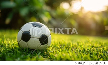 A black and white soccer ball lies on a green lawn 128781501