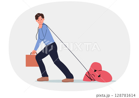 Business man goes to work with pain in heart tied to rope, suffering due to problem in personal life 128781614