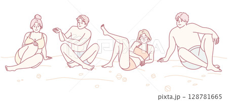 A Group of Friends Enjoying a Fun Beach Day in Relaxed Poses Under the Summer Sun 128781665