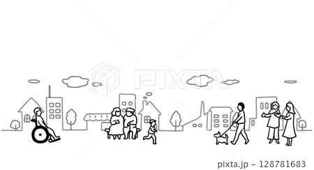 街並みといろいろな人々のシンプルな手描き線画イラスト　白黒 128781683