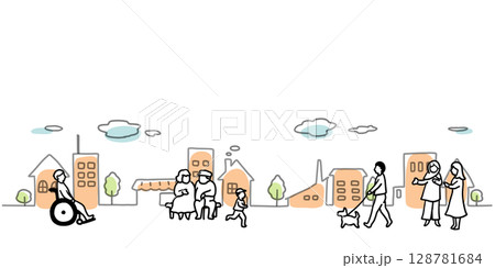 街並みといろいろな人々のシンプルな手描き線画イラスト 128781684