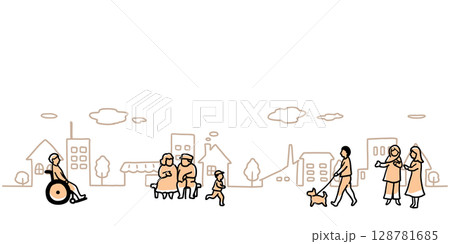 街並みといろいろな人々のシンプルな手描き線画イラスト 128781685
