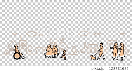 簡單的手繪線條插畫，描繪城市景觀和各種人物 128781685