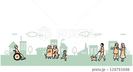 街並みといろいろな人々のシンプルな手描き線画イラスト 128781686
