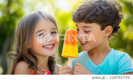 Two cheerful children sharing a vibrant orange and yellow ice pop outdoors, embodying friendship, joy, and the simple pleasures of summertime 128781739