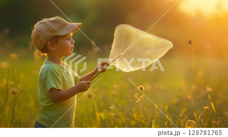 Young boy with a net catching butterflies in a field at sunset, surrounded by warm, golden light 128781765