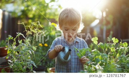 A young child waters plants in a sunny garden, surrounded by lush greenery and morning light 128781767