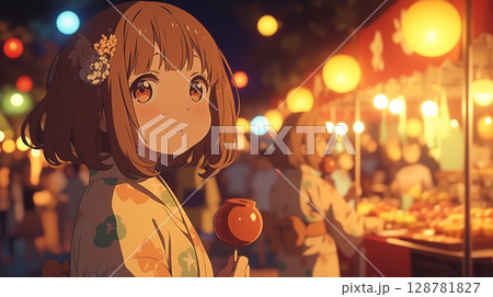 夏祭りの屋台を楽しむアニメ調の美少女 128781827
