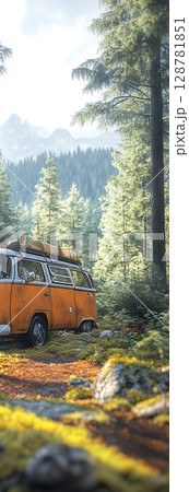 A vintage campervan is parked in a serene forest clearing, bathed in sunlight, mountains in the background 128781851