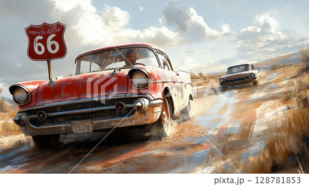 Dusty Route 66 road trip scene featuring a vintage red car and another vehicle driving along a desert road 128781853