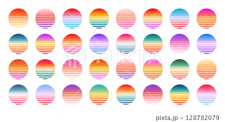 Vintage colorful sunset. Striped gradient sunrise badges in 80s and 90s style. Sun and ocean view, summer vibes, surfing. Design element for print, logo or t-shirt. Vector illustration 128782079