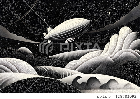 宇宙を飛ぶ飛行船の点描風モノクロイラスト 宇宙を飛ぶ飛行船の点描風モノクロイラスト 128782092