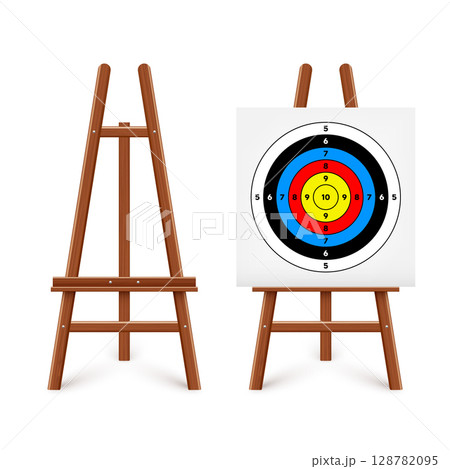 Shooting range target on a wooden easel stand. Paper target with divisions, marks and numbers. Archery, gun shooting and training, sport competition, hunting. Bullseye and aim. Vector illustration 128782095