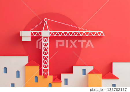 工事現場のクレーンとビルの可愛いイラスト 工事現場のクレーンとビルの可愛いイラスト 128782157