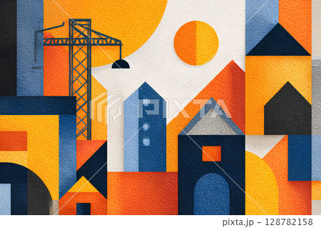 工事現場のクレーンとビルの可愛いイラスト 128782158