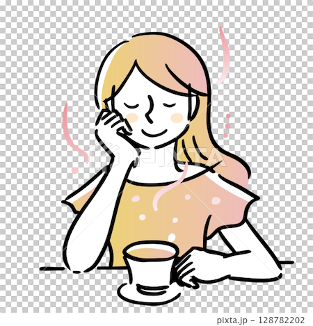 一位女士一手拿著茶杯，悠閒地品嚐茶。橙色，主線，黑色 128782202