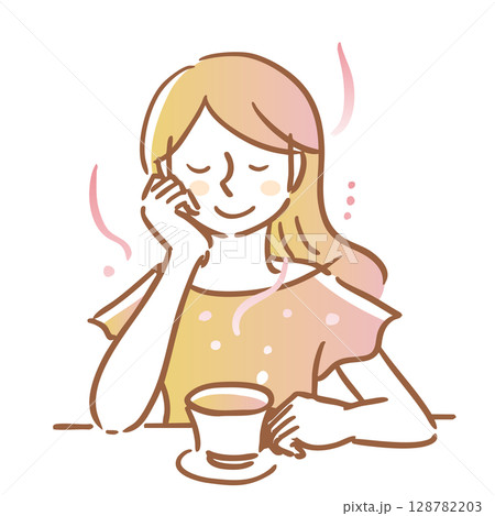 ティーカップを片手に持ちお茶を飲みリラックスしている女性　オレンジ・主線　茶 128782203