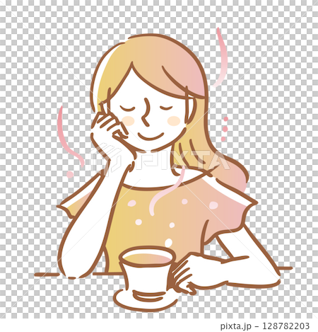 ティーカップを片手に持ちお茶を飲みリラックスしている女性　オレンジ・主線　茶 128782203