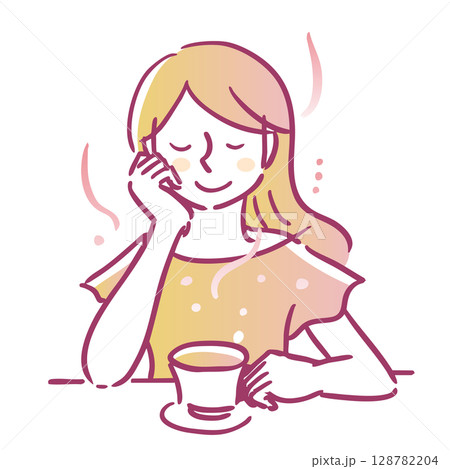 ティーカップを片手に持ちお茶を飲みリラックスしている女性 オレンジ・主線 赤系 ティーカップを片手に持ちお茶を飲みリラックスしている女性 オレンジ・主線 赤系 128782204