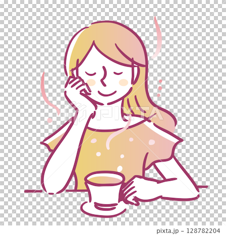 ティーカップを片手に持ちお茶を飲みリラックスしている女性 オレンジ・主線 赤系 ティーカップを片手に持ちお茶を飲みリラックスしている女性 オレンジ・主線 赤系 128782204