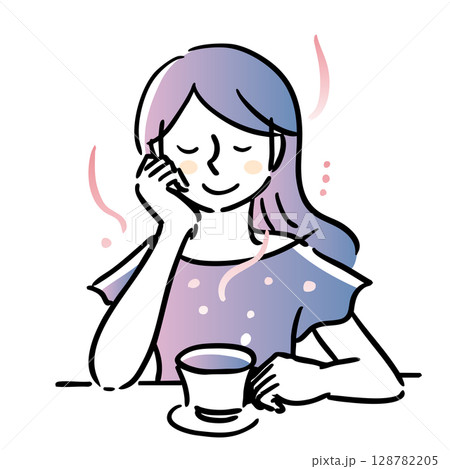 ティーカップを片手に持ちお茶を飲みリラックスしている女性　青系・主線　黒 128782205