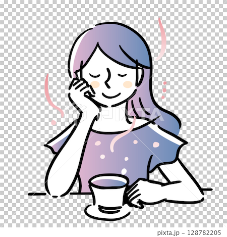 一位女士一手拿著茶杯,悠閒地品嚐茶。藍色、主線、黑色 一位女士一手拿著茶杯,悠閒地品嚐茶。藍色、主線、黑色 128782205