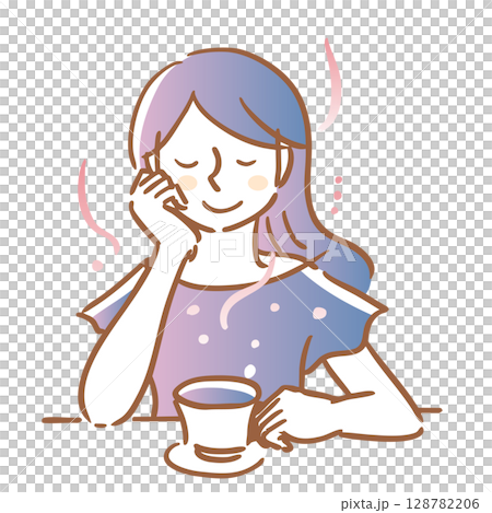 ティーカップを片手に持ちお茶を飲みリラックスしている女性　青系・主線　茶 128782206