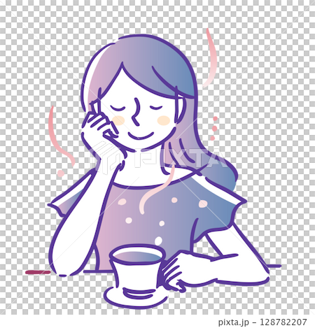 一位女士一手拿著茶杯，悠閒地品嚐茶。藍色，主線，藍色 128782207