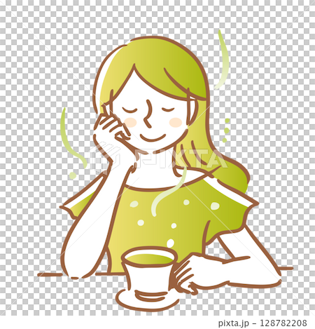 一位女士一手拿著茶杯，悠閒地品嚐茶。綠色，主線，棕色 128782208