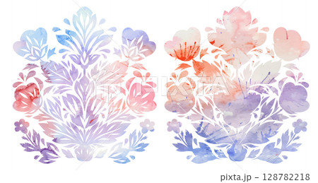Vector set of watercolor decorative clip arts of flowers. Tracery silhouette of symmetrical stylized floral arrangement 128782218