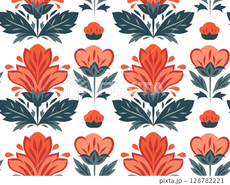 Vector seamless pattern with geometric flowers in row. Texture with decorative red flowers on white background. Tracery floral backdrop 128782221