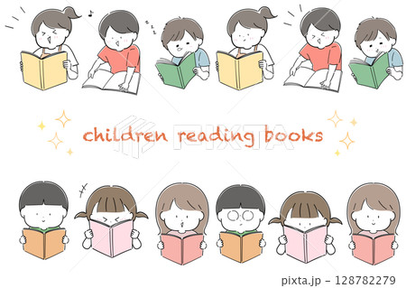 本を読む子どもの表情違いセット 128782279
