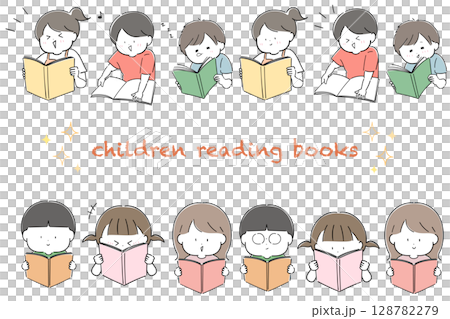 本を読む子どもの表情違いセット 128782279