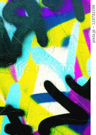 Neon Yellow, Blue, Pink Graffiti Art with Bold Black Lines, Urban 90s Aesthetic 128782286