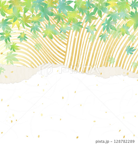 金色の波紋に青紅葉　和紙風の背景イラスト 128782289